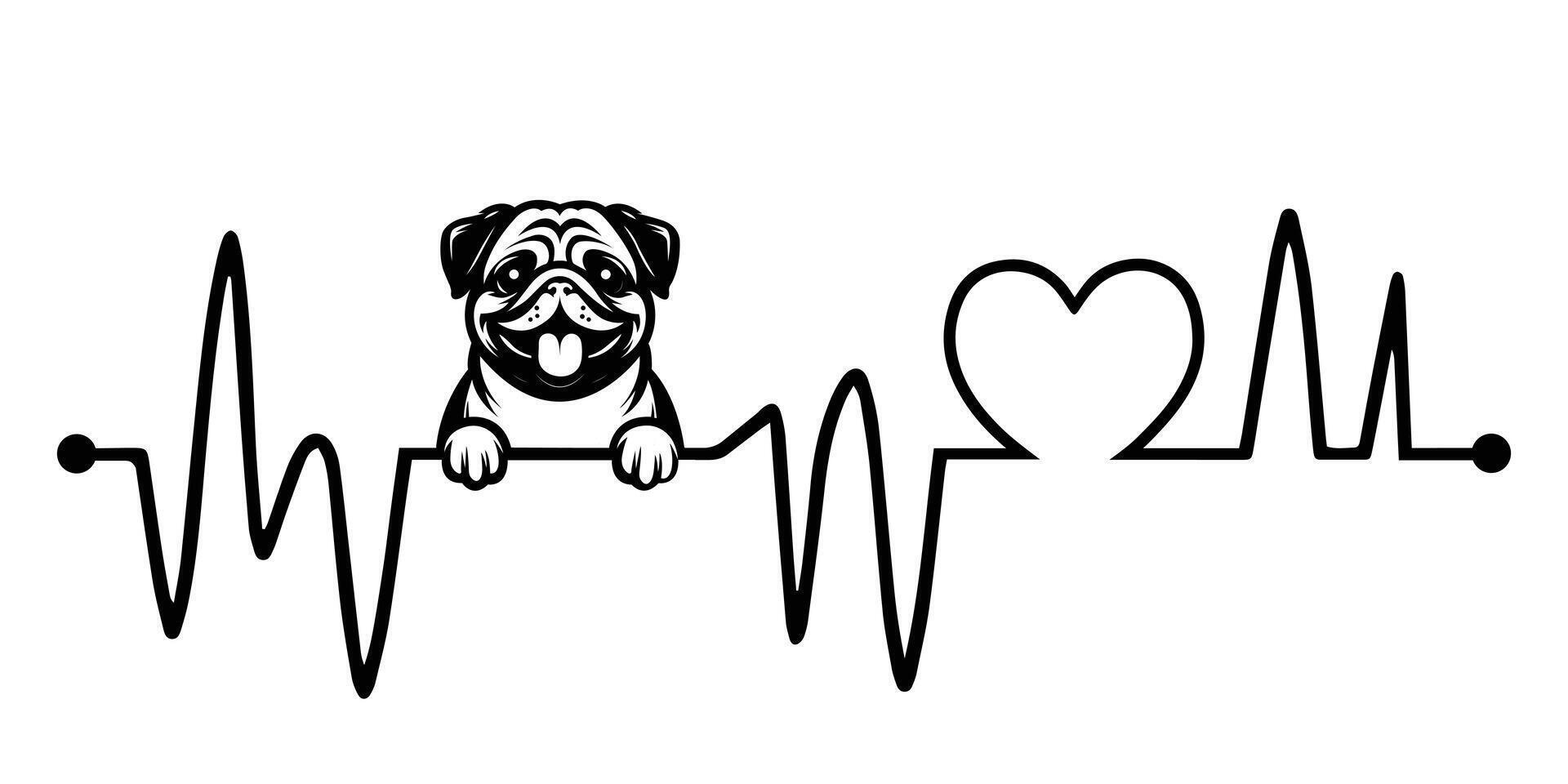 Heartbeat pulse line with Pug Dog Peeking - Dog and Heartbeat frequency wave with Heart Love illustration vector