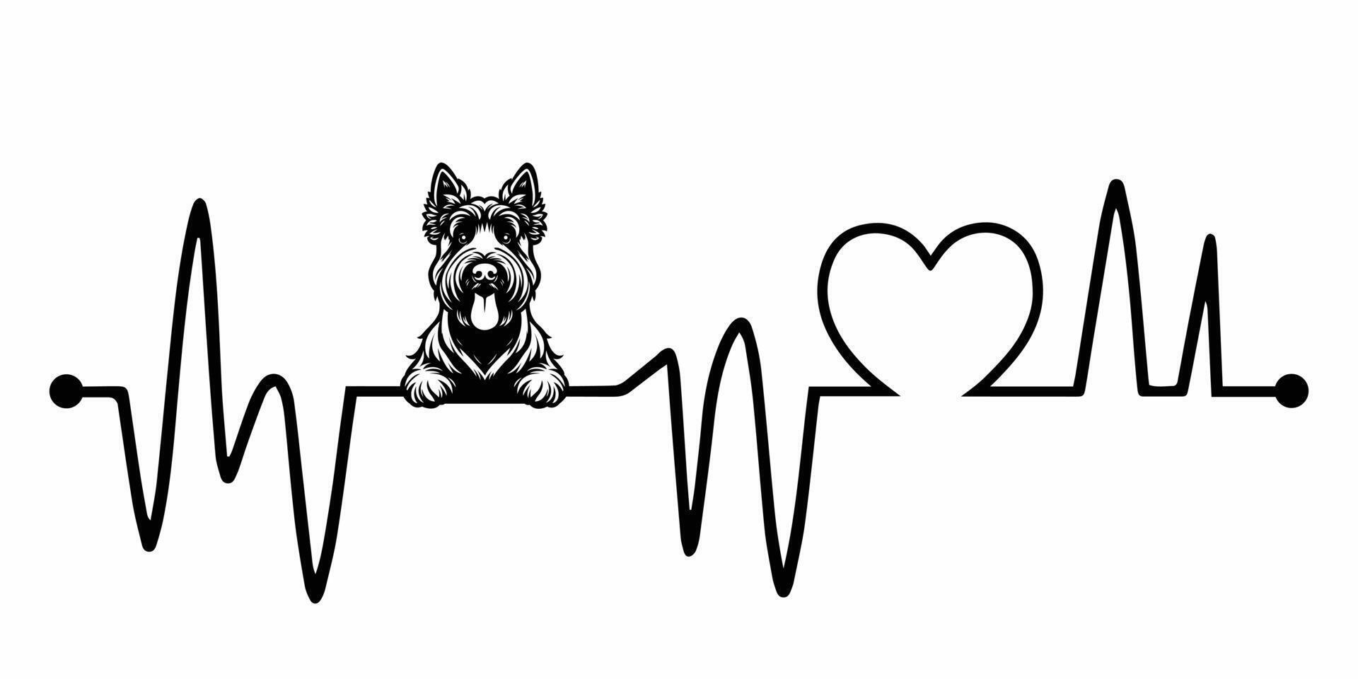 Heartbeat pulse line with Scottish Terrier Dog Peeking - Dog and Heartbeat frequency wave with Heart Love illustration vector