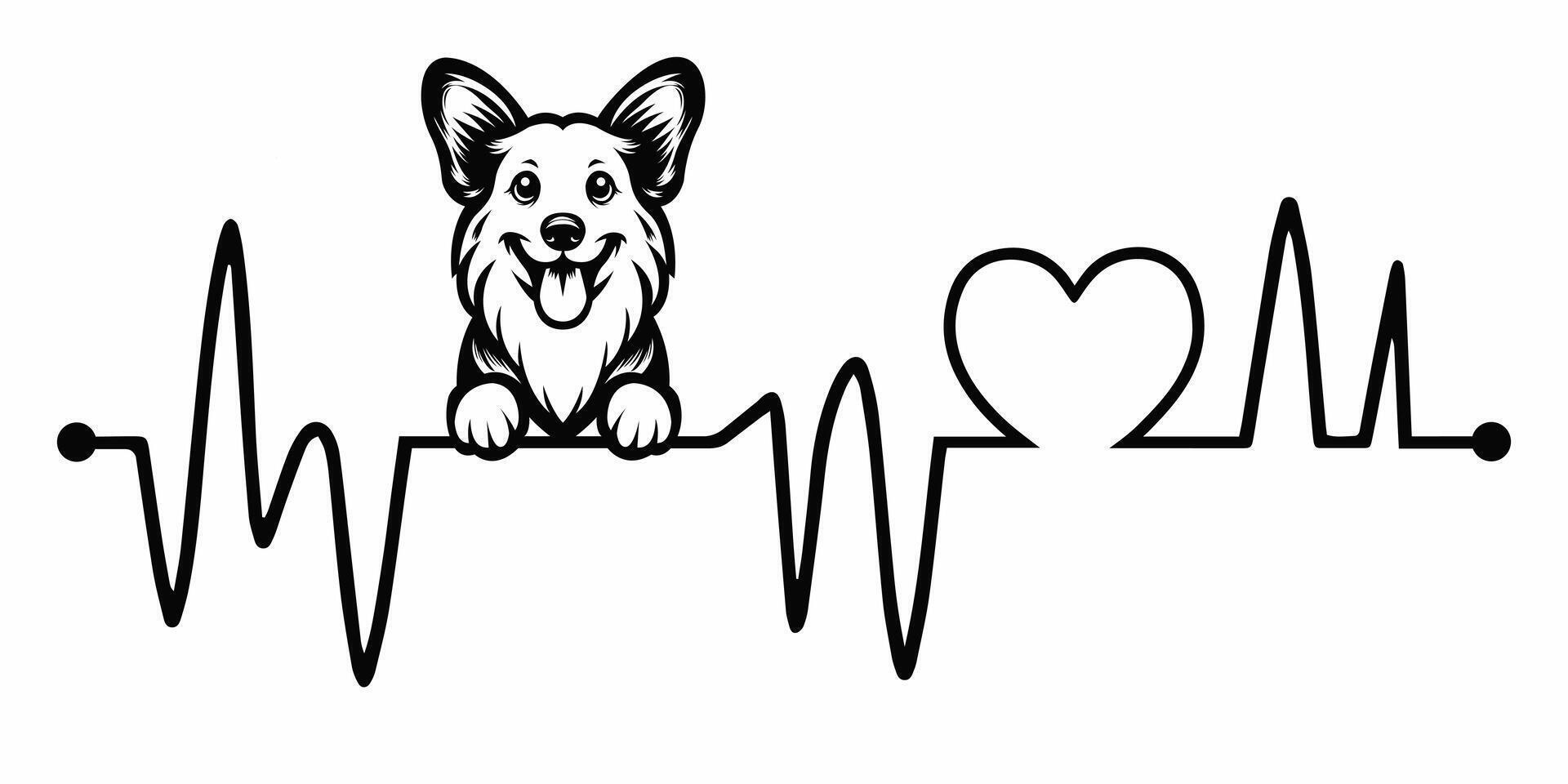 Heartbeat pulse line with Cardigan Welsh Corgi Dog Peeking - Dog and Heartbeat frequency wave with Heart Love illustration vector