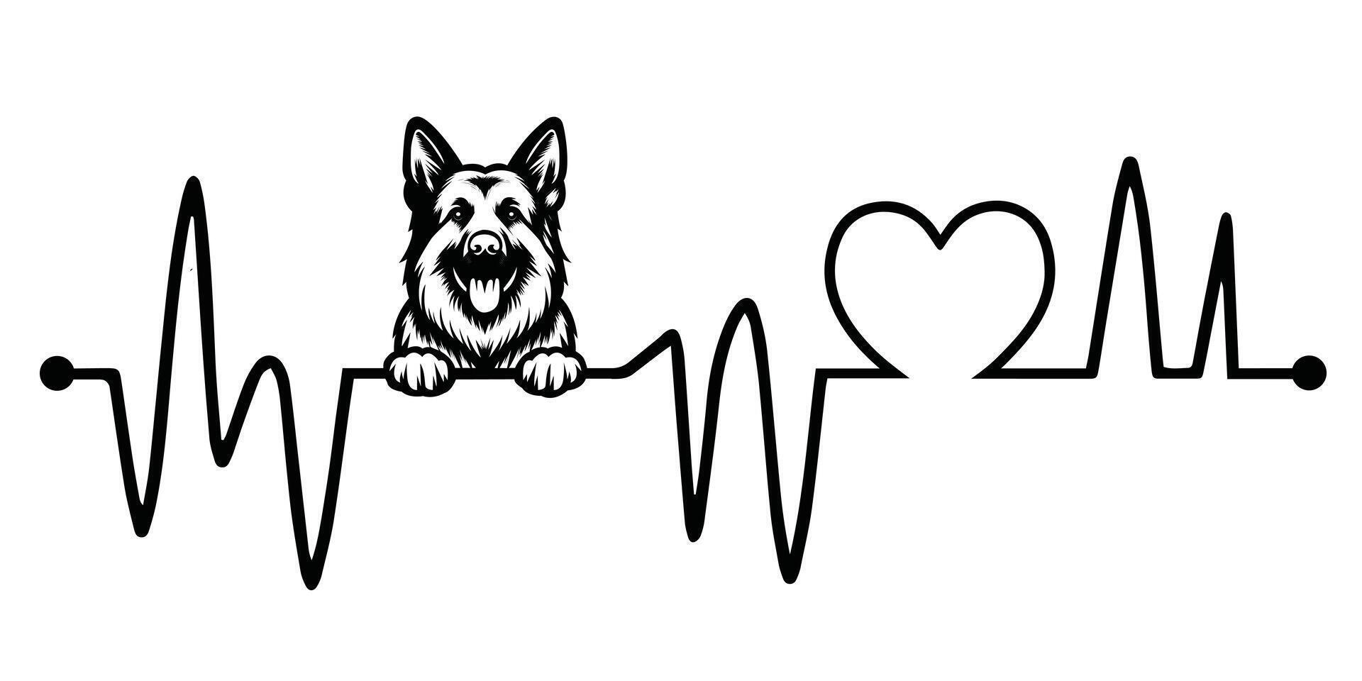 Heartbeat pulse line with German Shepherd Dog Peeking - Dog and Heartbeat frequency wave with Heart Love illustration vector