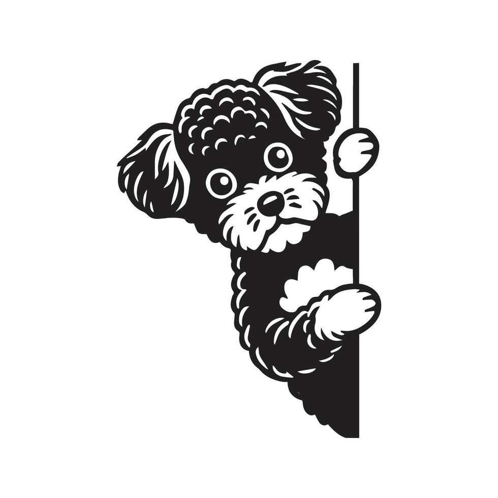 Toy Poodle dog peeking face - dog face logo illustration in black and white vector