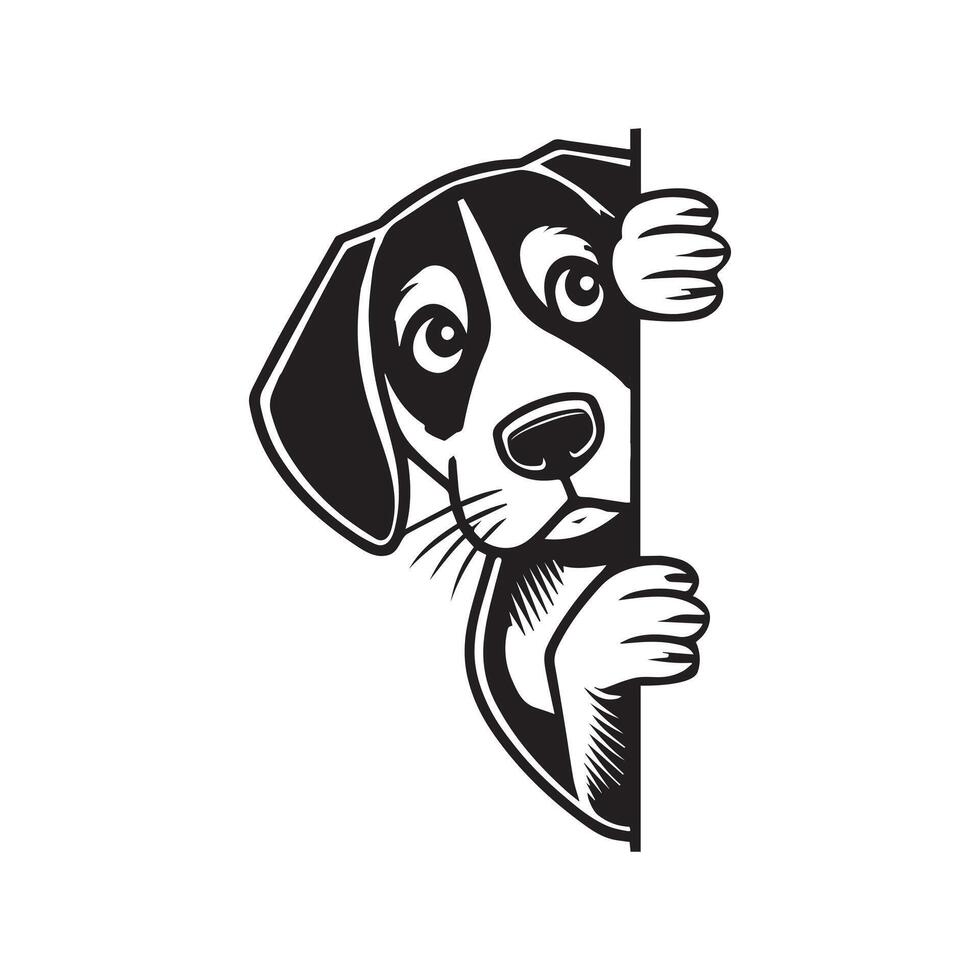 Coonhound dog peeking face - dog face logo illustration in black and white vector