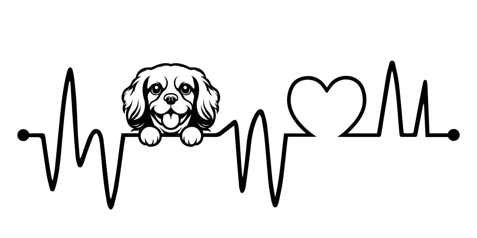 Heartbeat pulse line with Cavalier King Dog Peeking - Dog and Cardiogram wave with Heart Love illustration vector