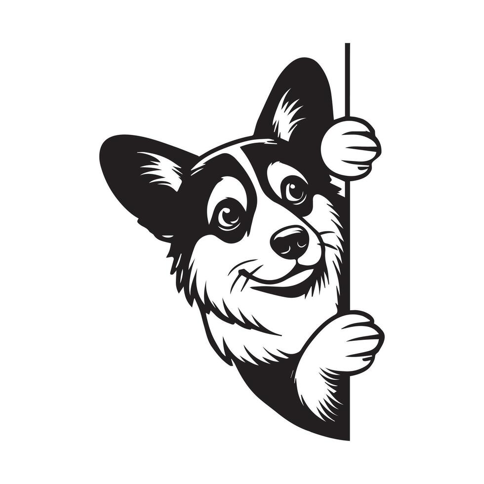 Welsh Corgi dog peeking face - dog face logo illustration in black and white vector