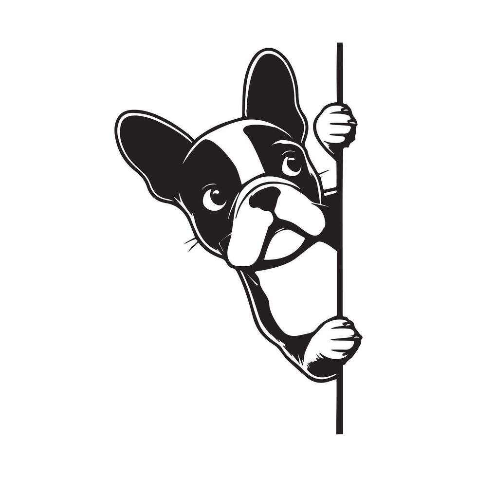 French Bulldog dog peeking face - dog face logo illustration in black and white vector
