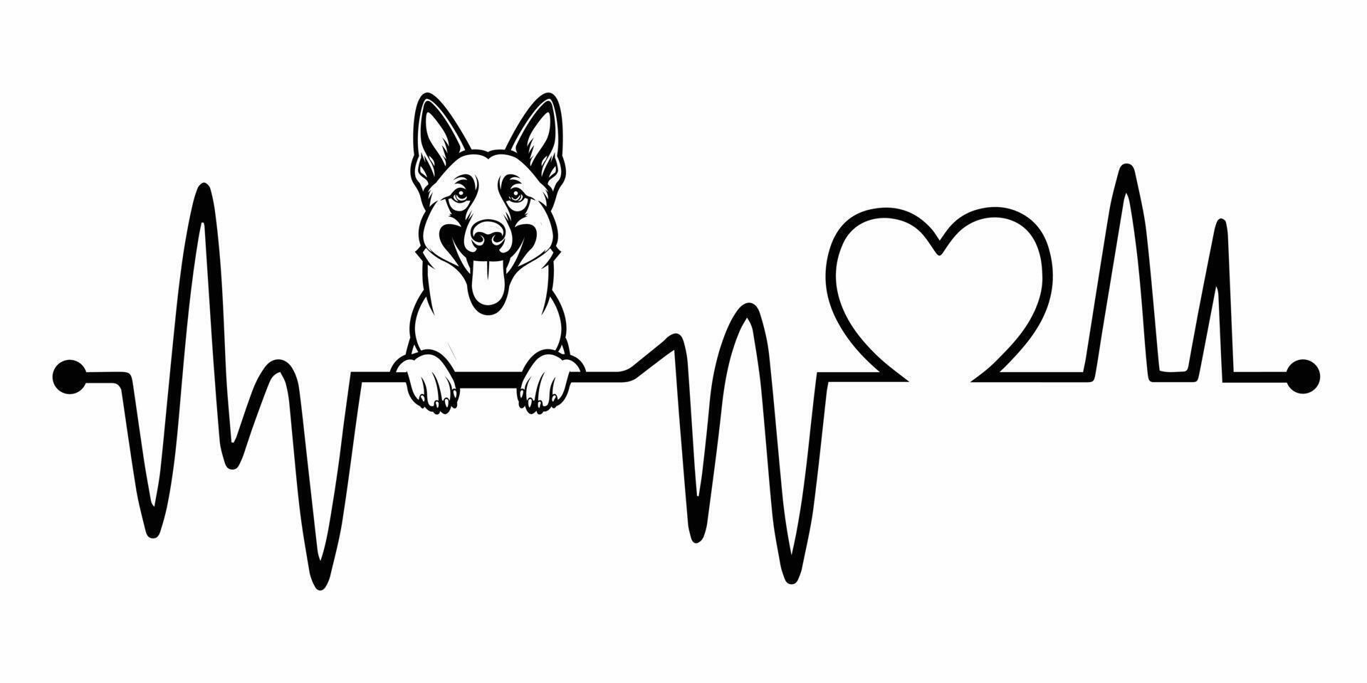 Heartbeat line with Belgian Shepherd Dog silhouette, Dog and Cardiogram wave with Heart Love illustration vector