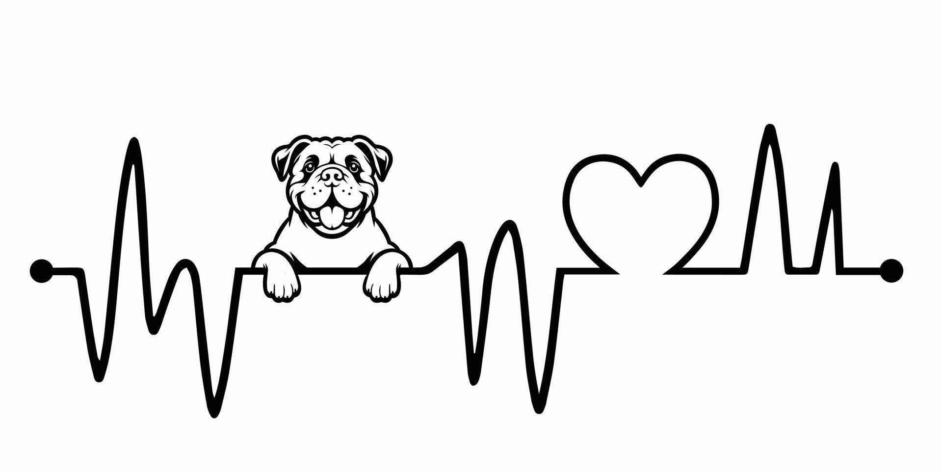 Heartbeat pulse line with American Bulldog Dog Peeking - Dog and Cardiogram wave with Heart Love illustration vector