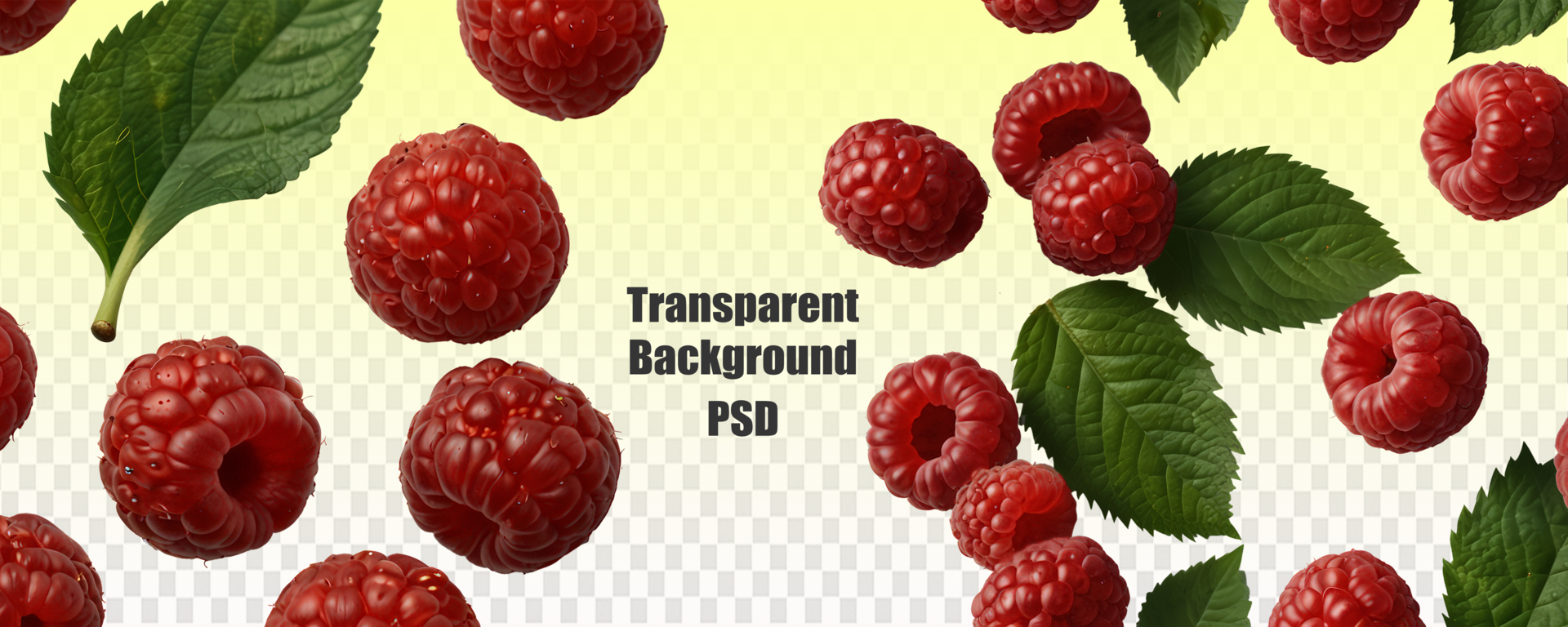 A bunch of raspberries with green leaves shown against a transparent background psd