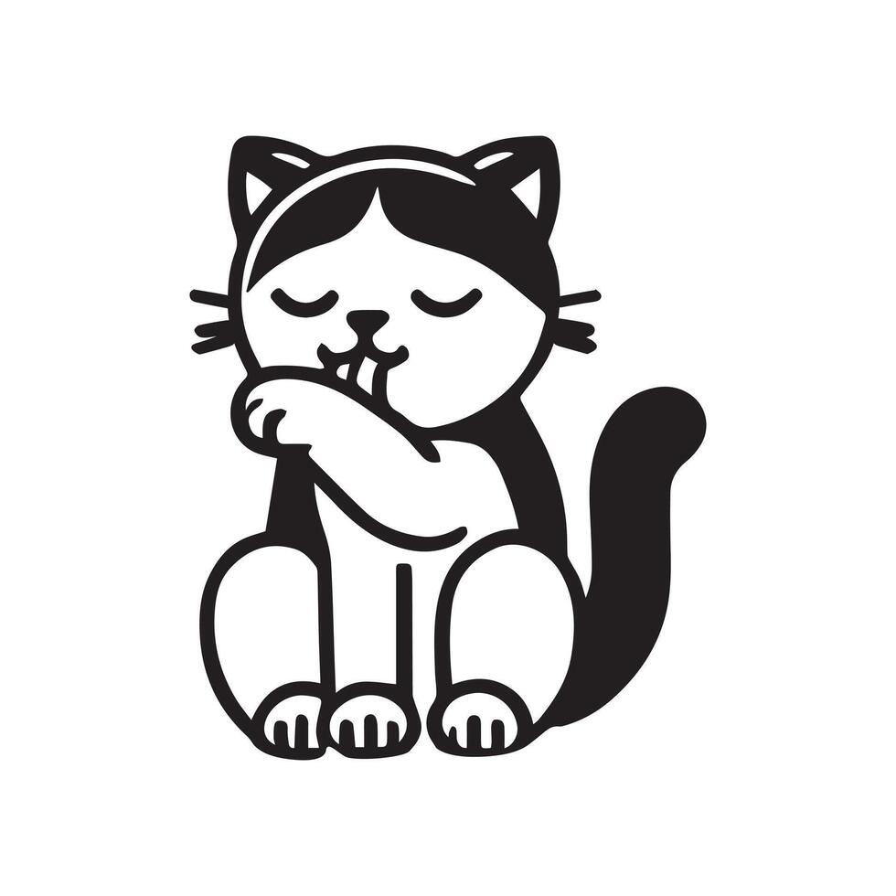A cat Licking Paw - Cat gesture Clipart illustration in black and white vector