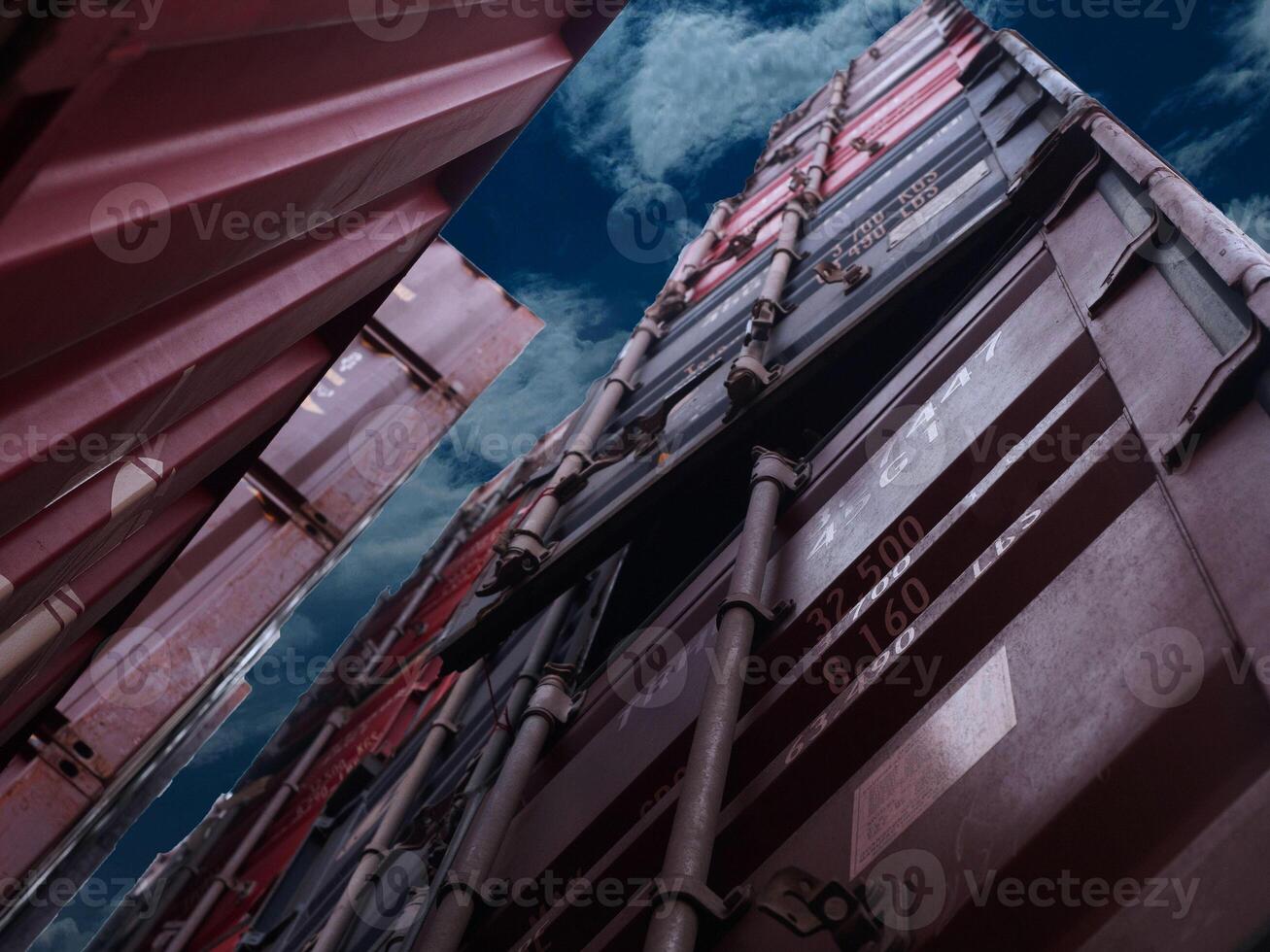 Container cargo top view blue sky background copy space logistic import export shipping transportation freight warehouse port commercial storage delivery loading global harbor stack business terminal photo