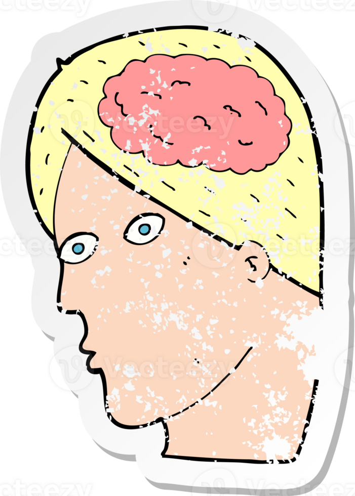 retro distressed sticker of a cartoon head with brain symbol drawing png