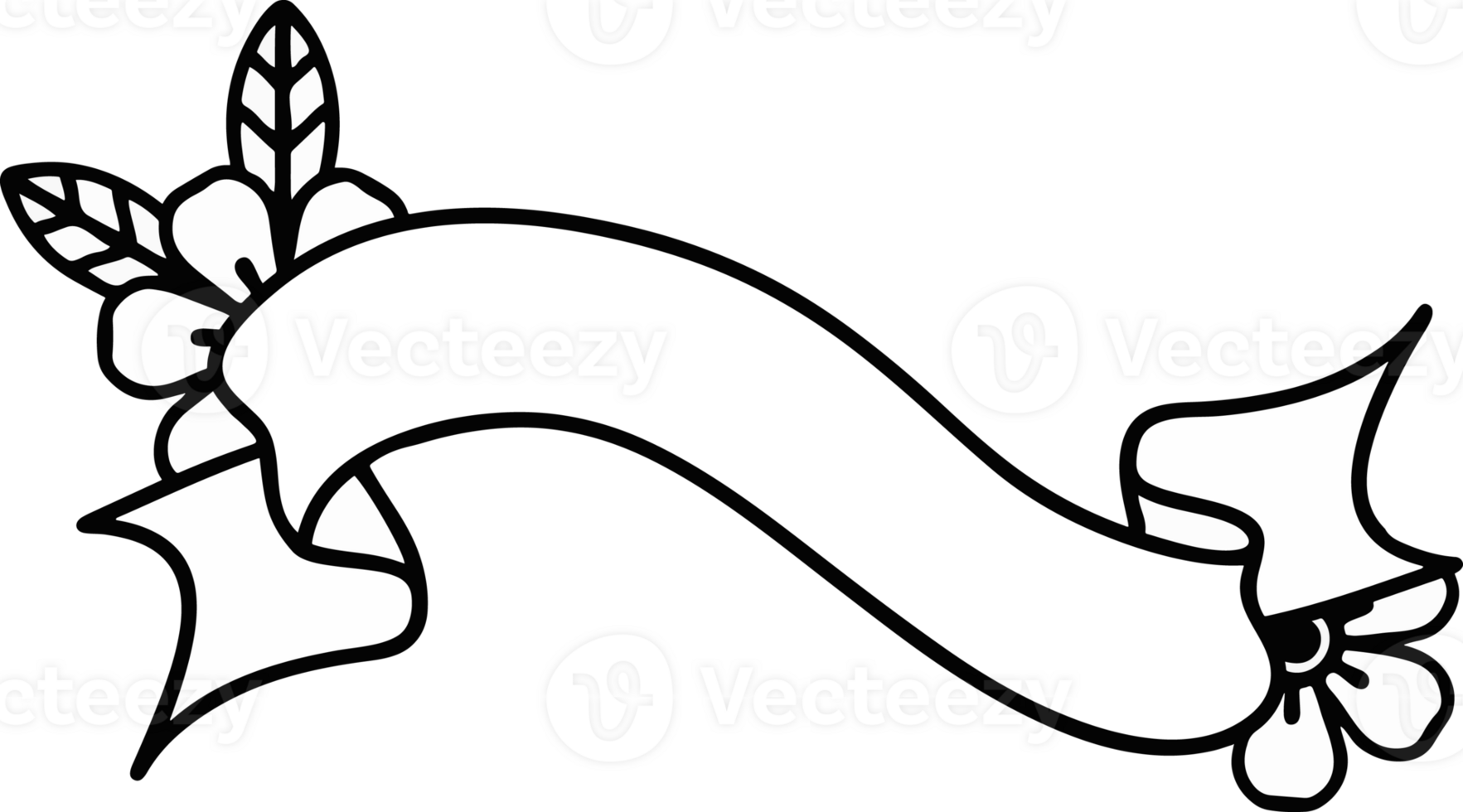 a black and white drawing of a ribbon with flowers png