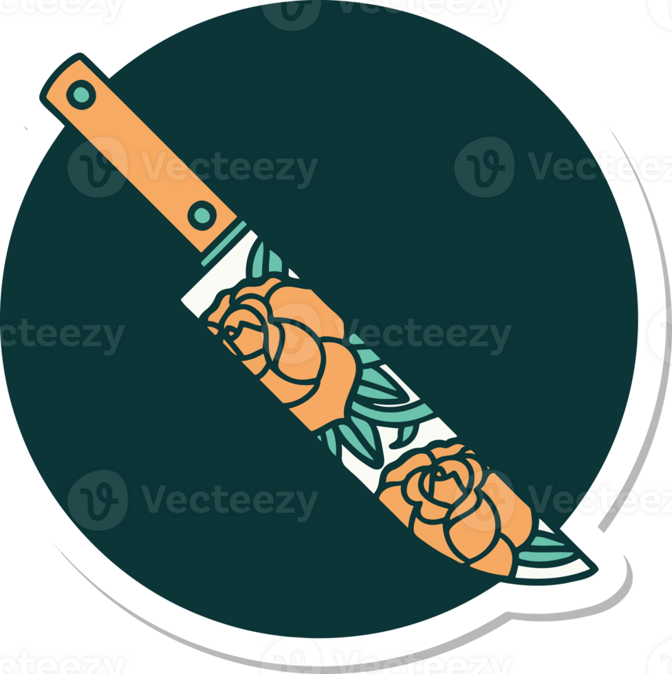 a knife with roses on it in a round sticker png
