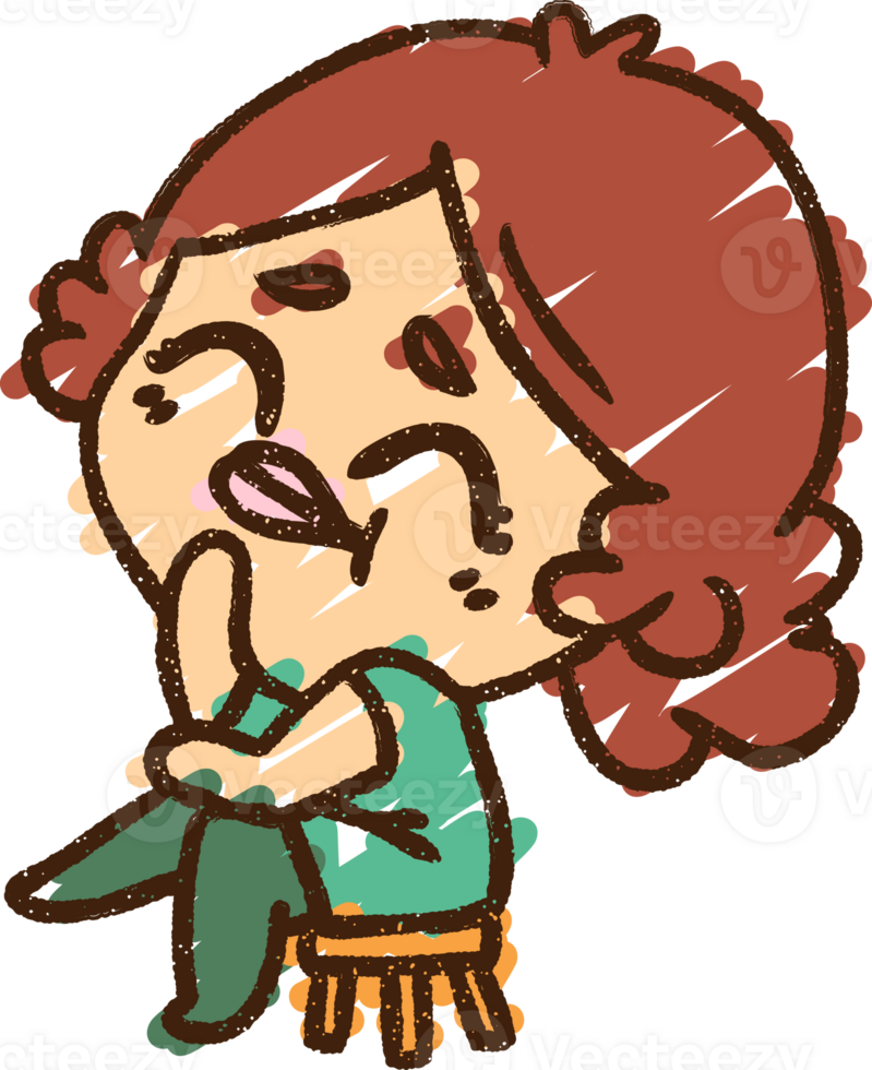 cartoon girl sitting on a stool, with her hands on her face png