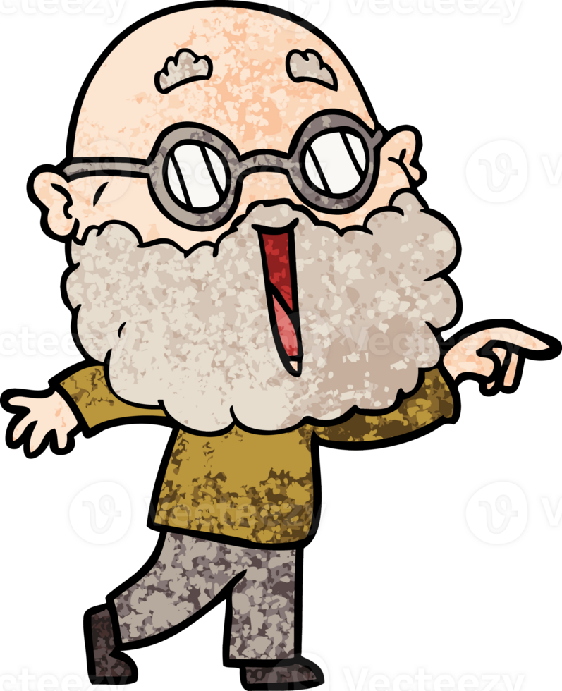 cartoon joyful man with beard pointing finger drawing png