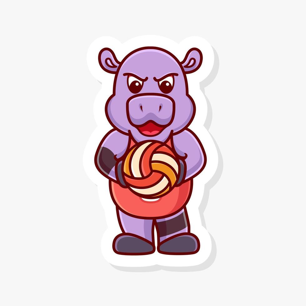 Hippo holds a volleyball with two hands, cute cartoon character of animal doing sport. vector