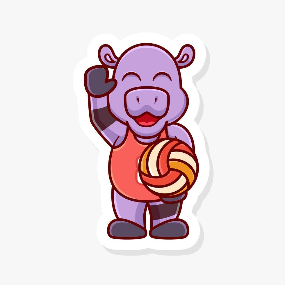Hippo ready to serve in a volleyball game, cute cartoon character of animal doing sport. vector