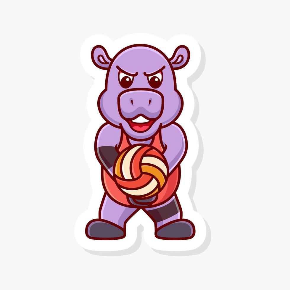 Hippo doing pass in a volleyball game, cute cartoon character of animal doing sport. vector