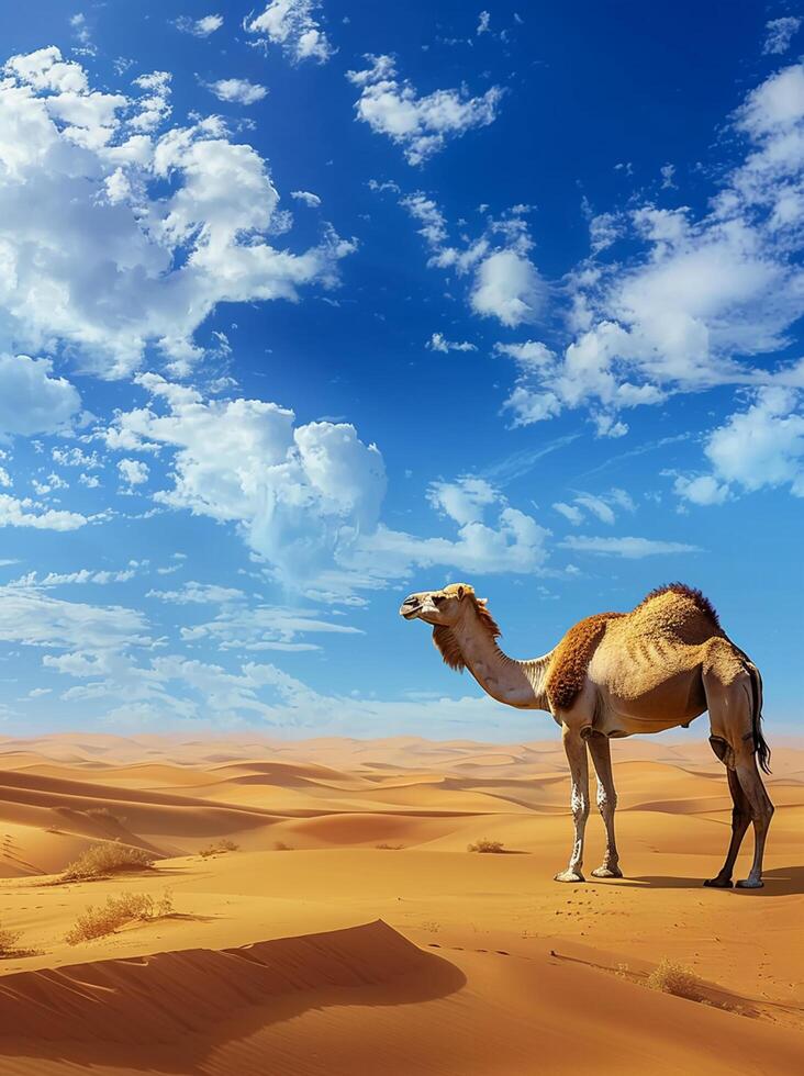 Camel Wandering in Vast Desert Dunes at Sunset photo