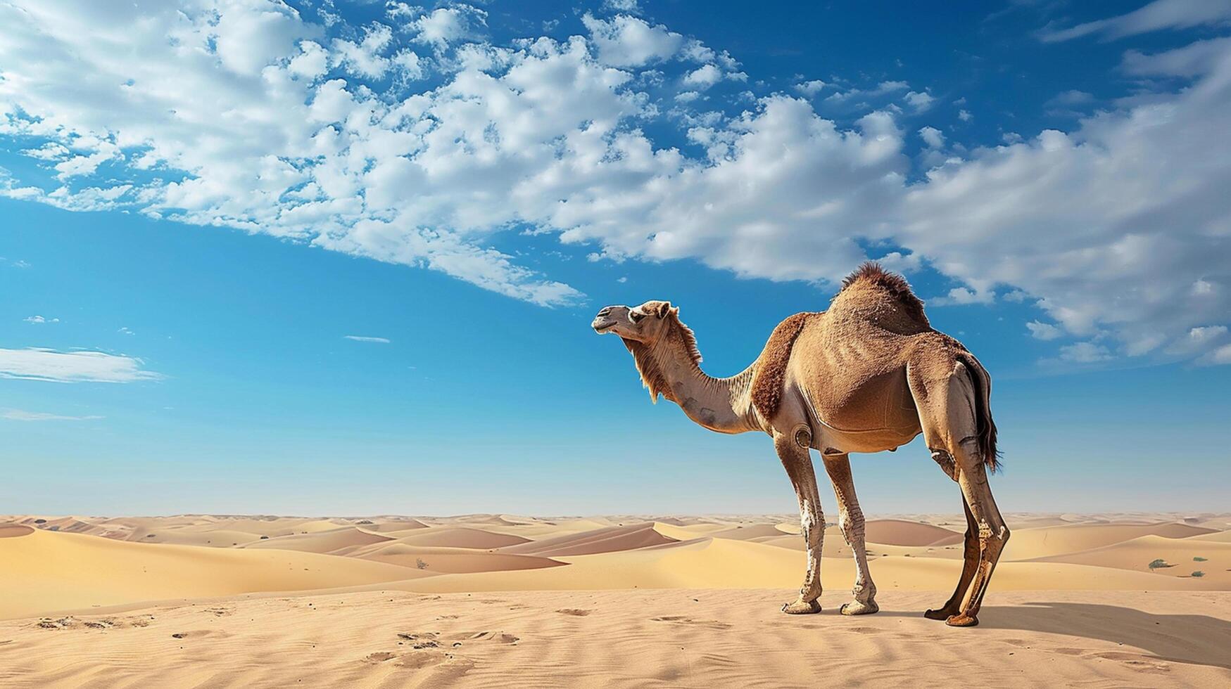 Camel Wandering in Vast Desert Dunes at Sunset photo