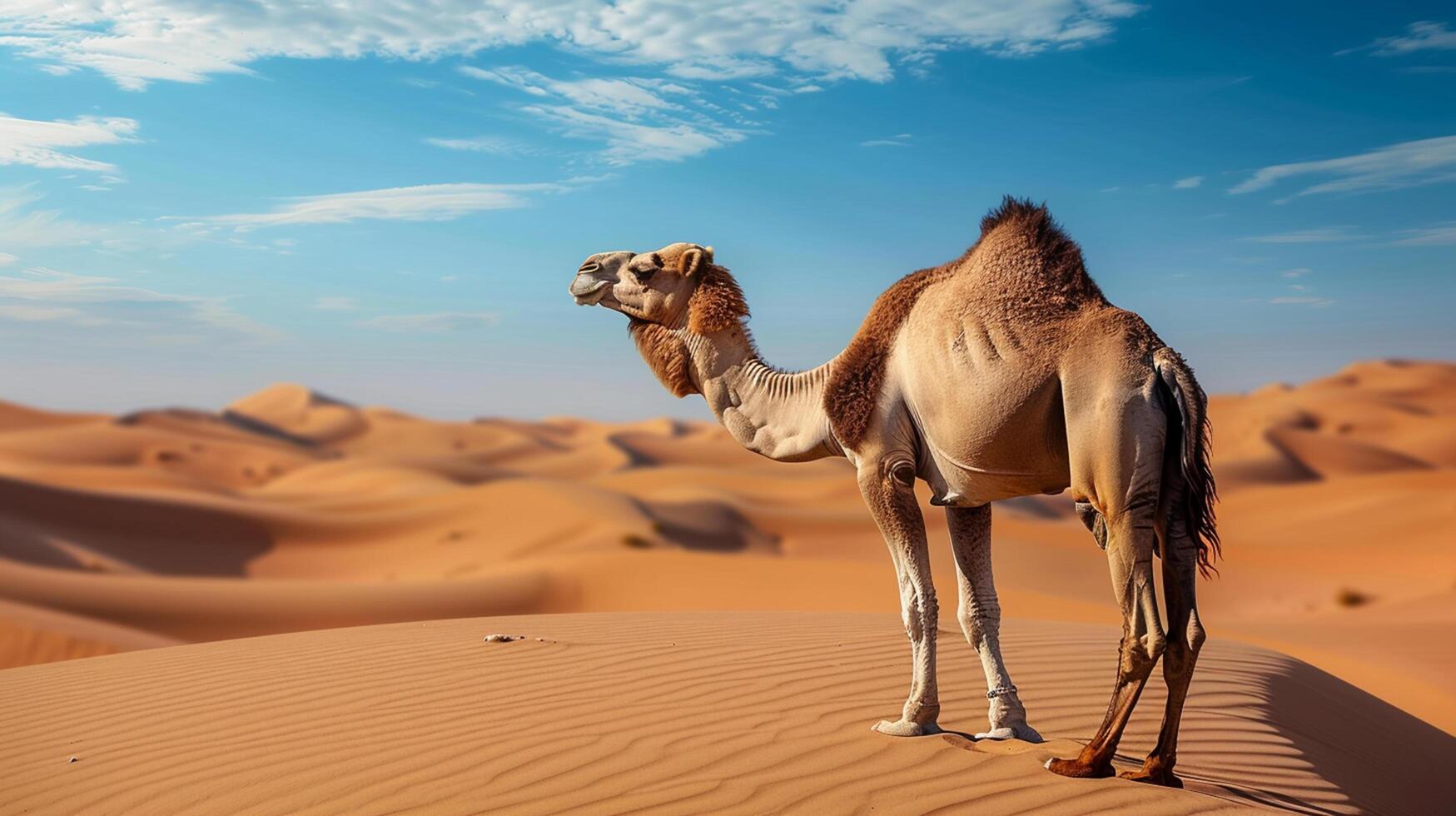 Camel Wandering in Vast Desert Dunes at Sunset photo