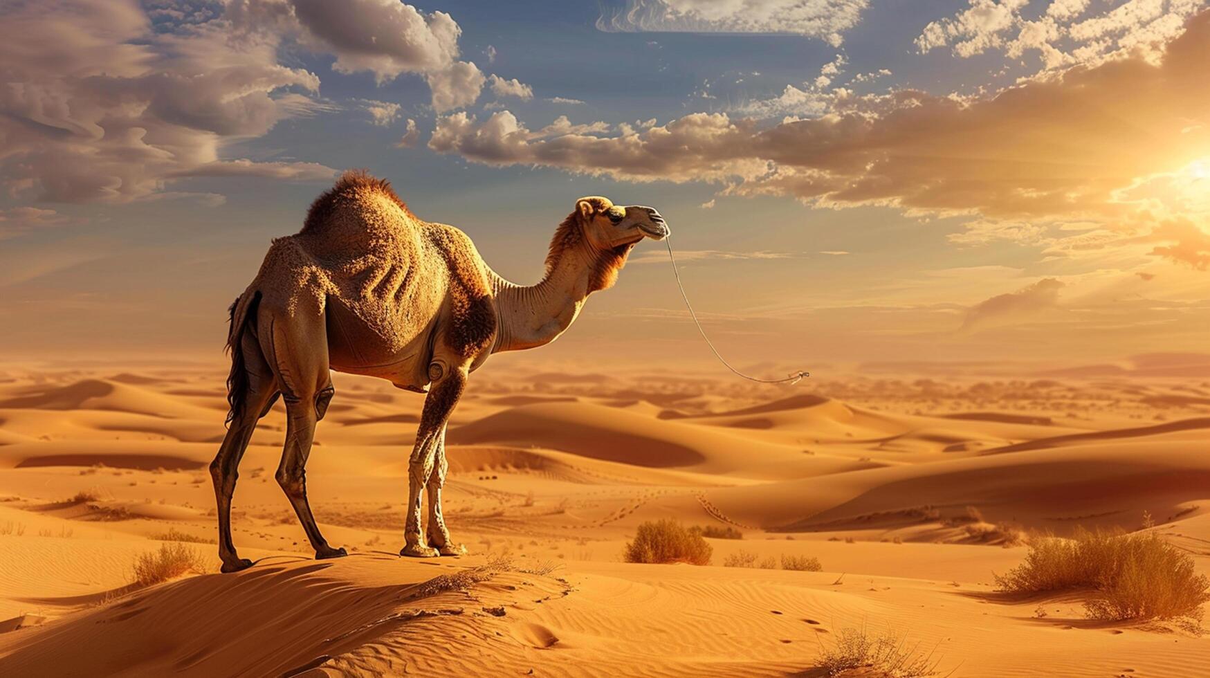 Camel Wandering in Vast Desert Dunes at Sunset photo