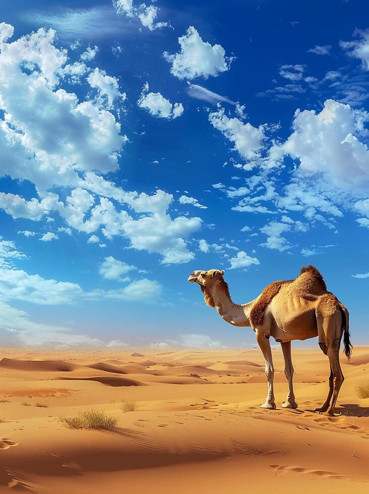 Camel Wandering in Vast Desert Dunes at Sunset photo