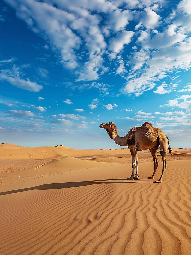 Camel Wandering in Vast Desert Dunes at Sunset photo