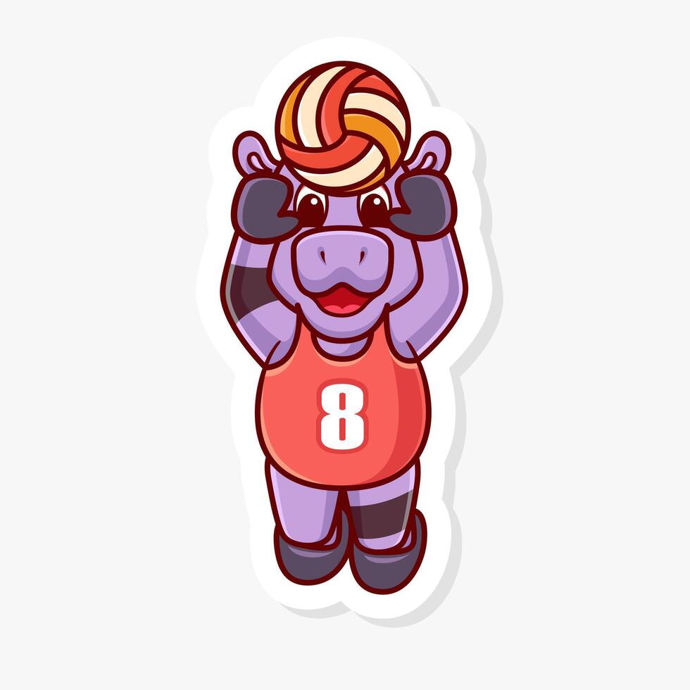 Hippo Jumps to block a volleyball, cute cartoon character of animal doing sport. vector