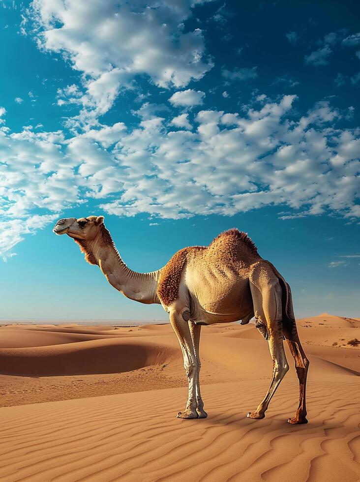 Camel Wandering in Vast Desert Dunes at Sunset photo