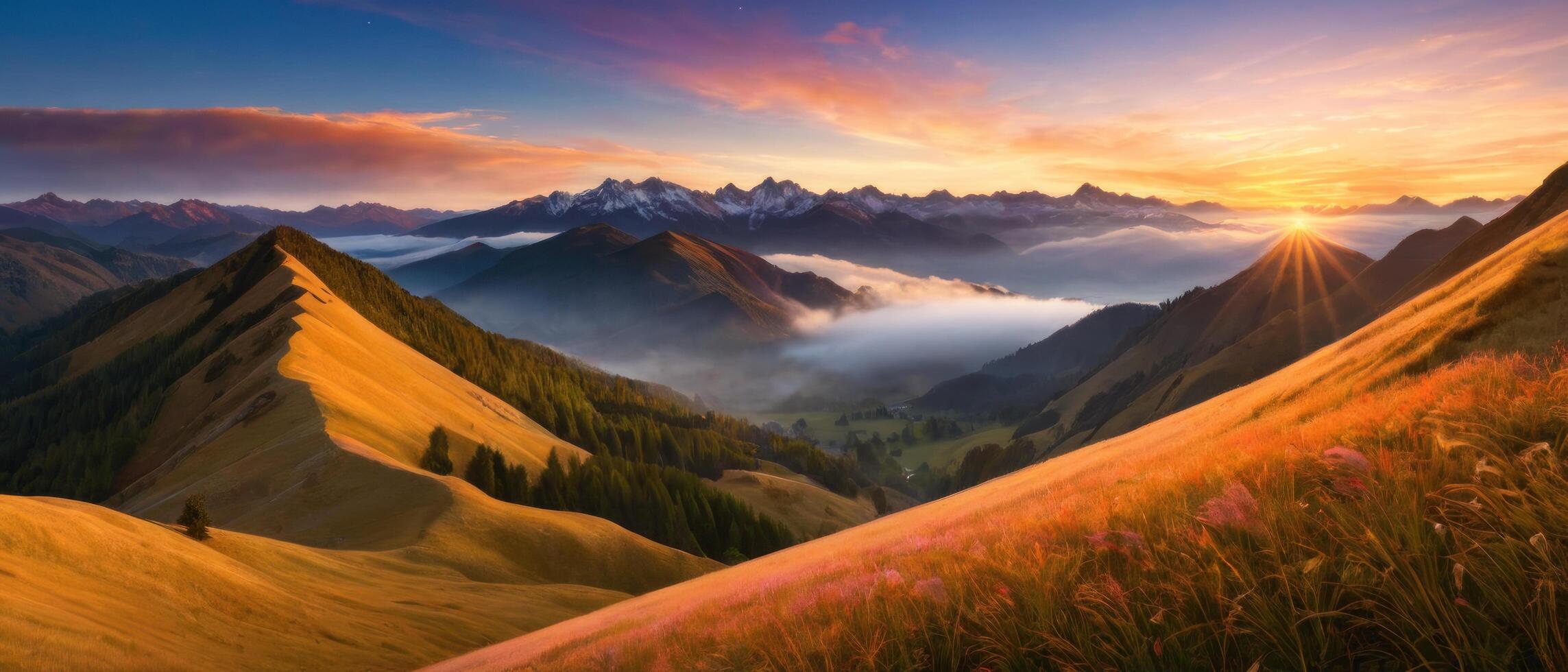mountain lanscape. golden hour view of mountain photo