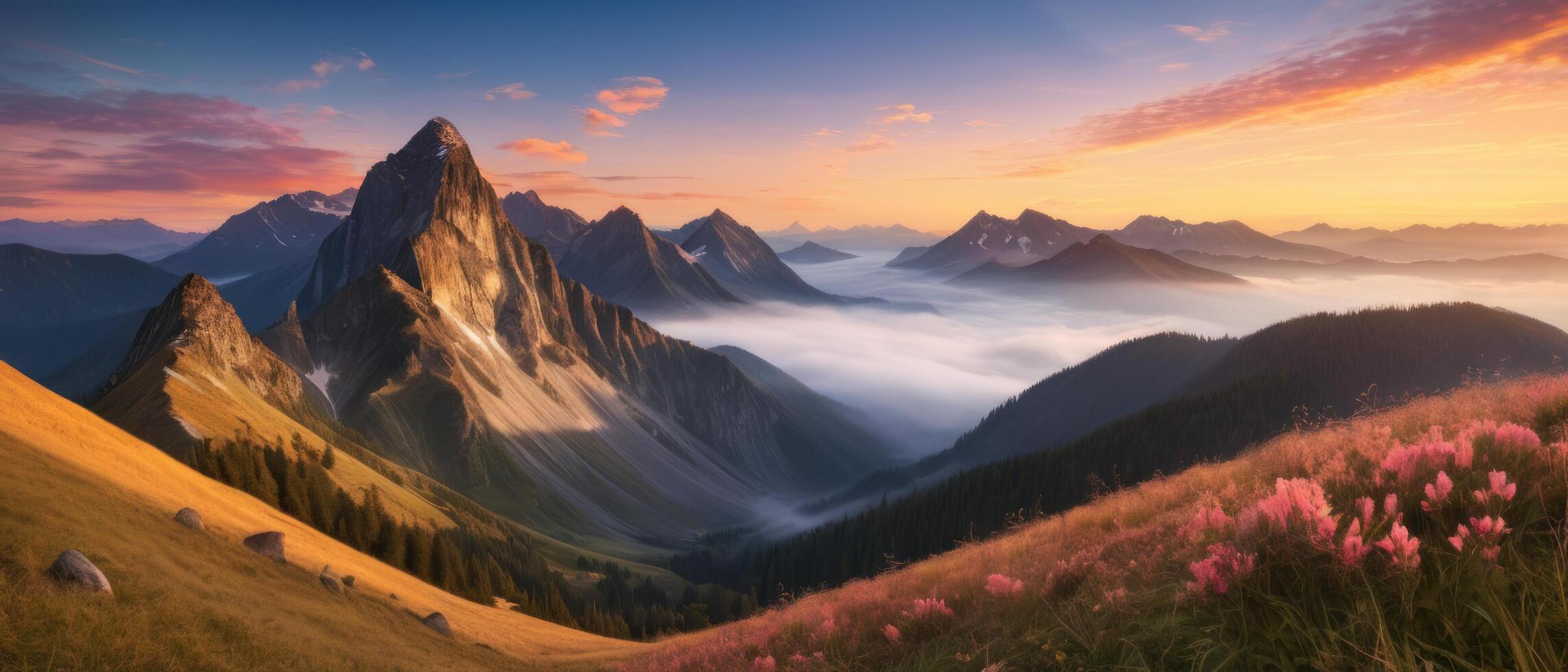 mountain lanscape. golden hour view of mountain photo