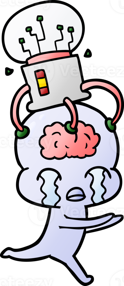 cartoon big brain alien crying with brain interface drawing png