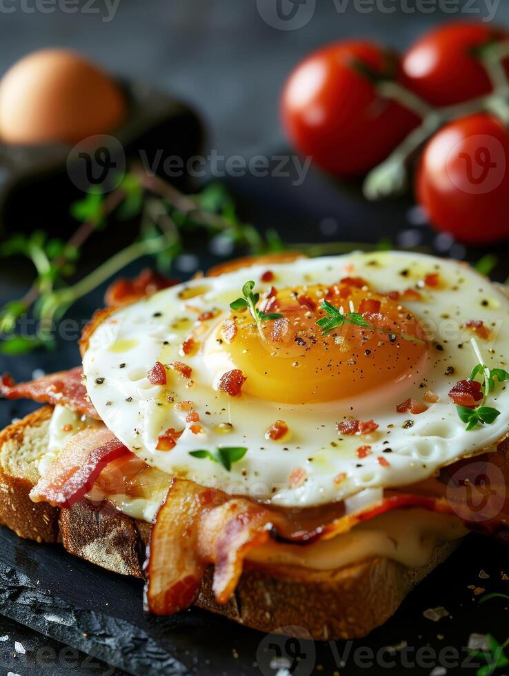 toast with cheese and bacon with a fried egg on top photo