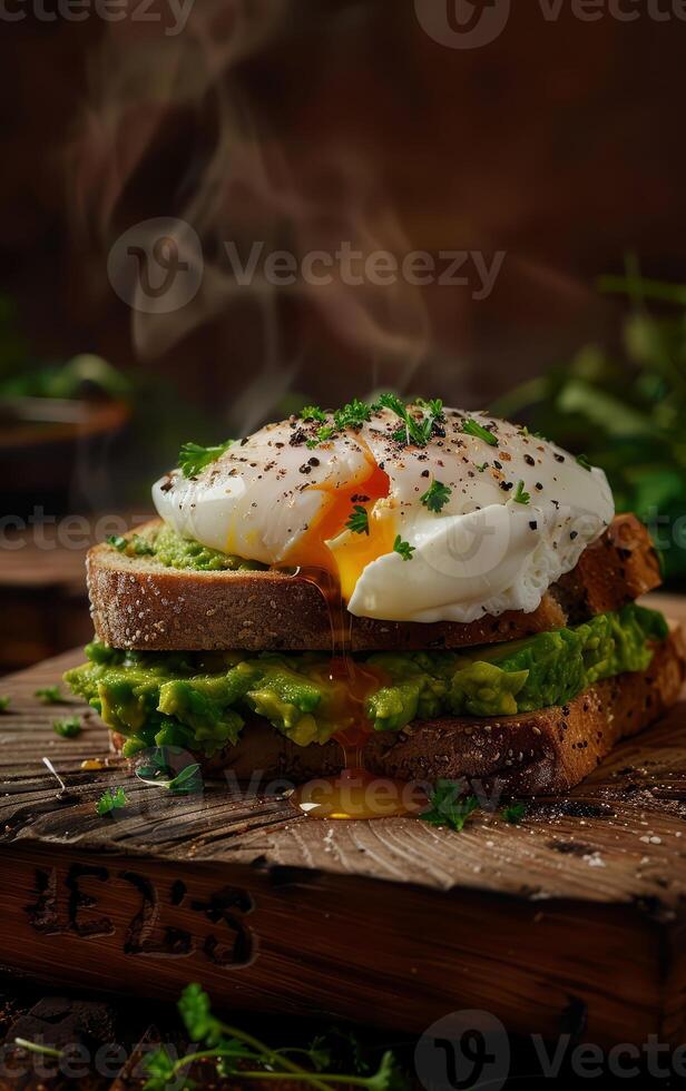 avocado sandwich, crowned with a glistening poached egg photo