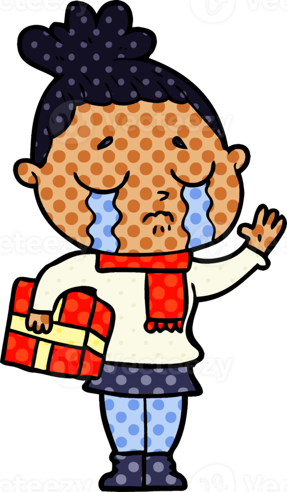 cartoon crying woman with christmas gift drawing png