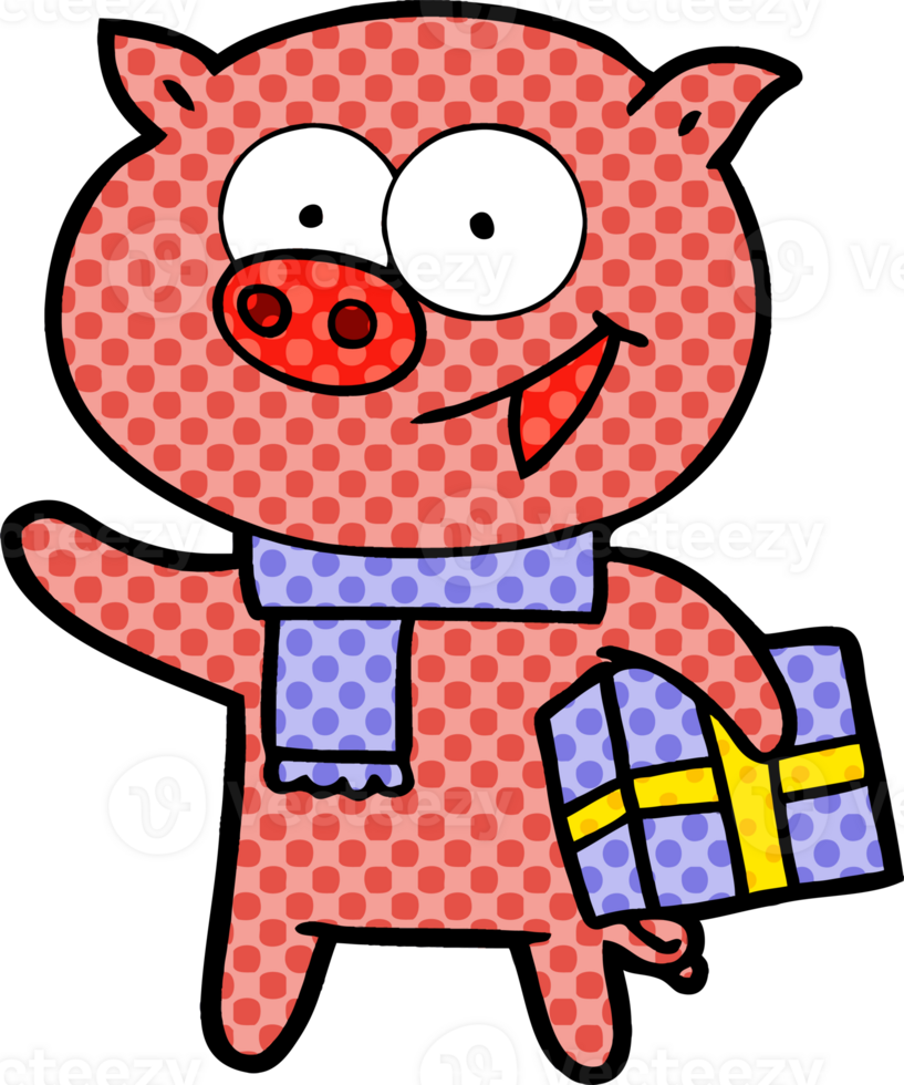 cheerful pig with christmas gift drawing png
