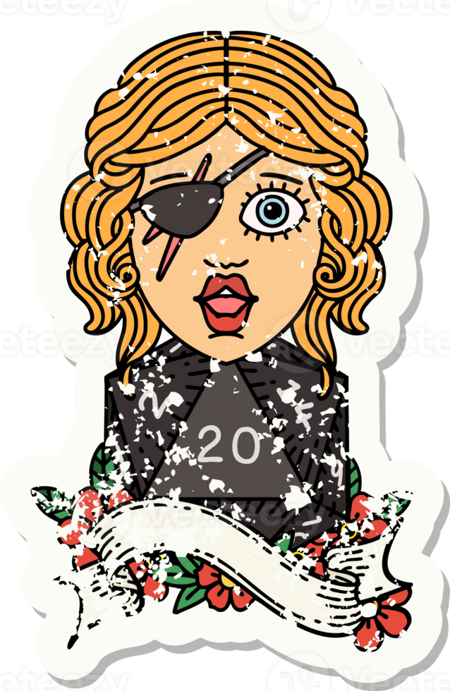 grunge sticker of a human rogue with natural twenty dice roll drawing png