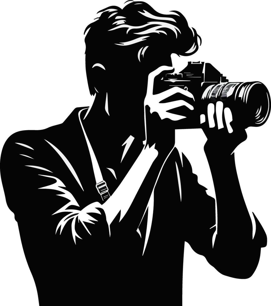 Black white photograph silhouette people use camera illustration vector