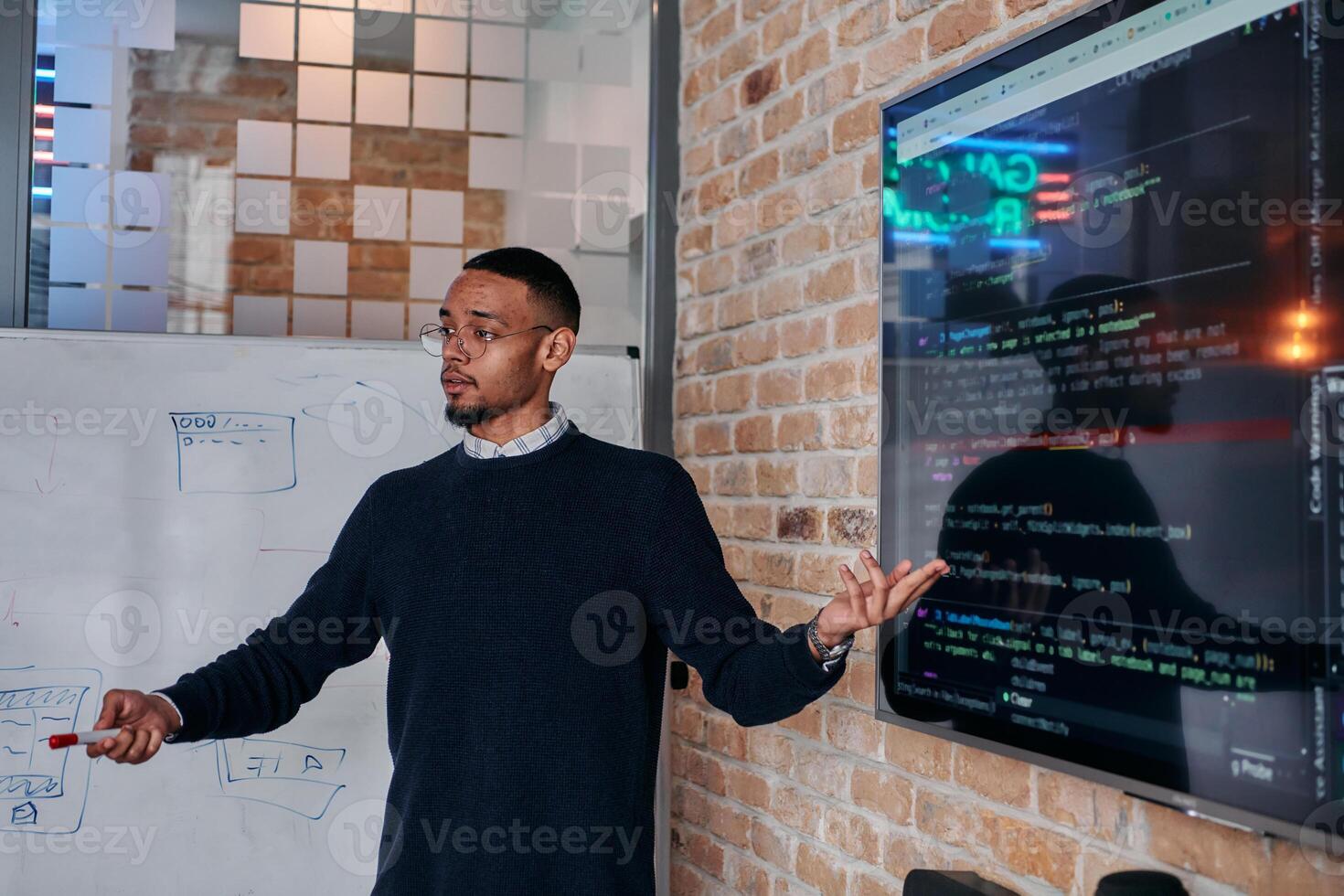 African American businessman delivers a compelling presentation of his business strategy to his colleagues, fostering collaboration and forward thinking photo