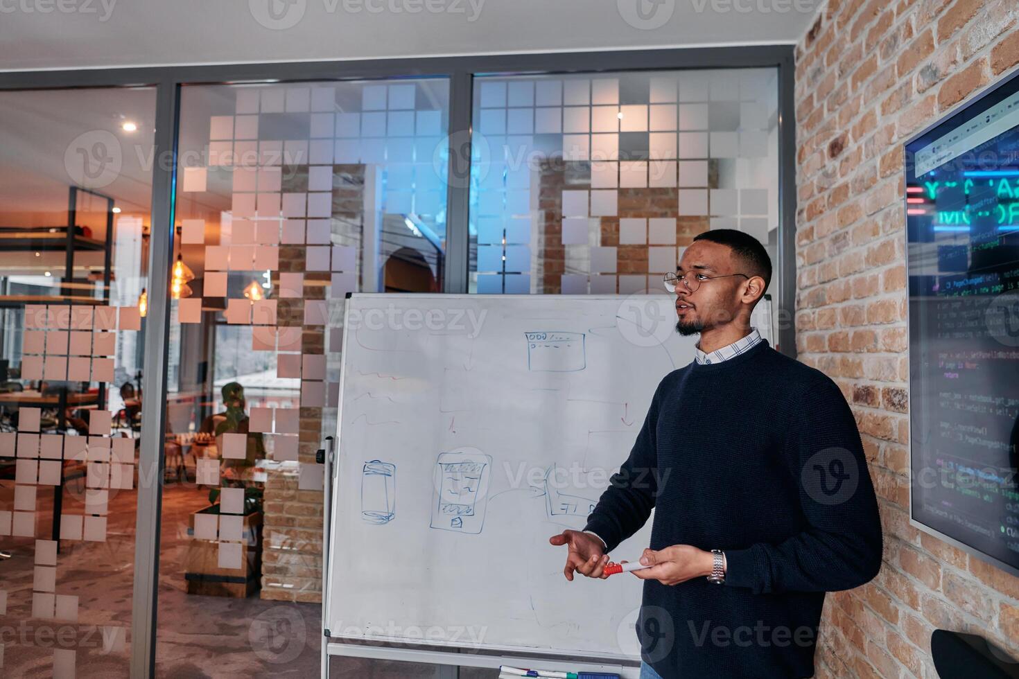 African American businessman delivers a compelling presentation of his business strategy to his colleagues, fostering collaboration and forward thinking photo