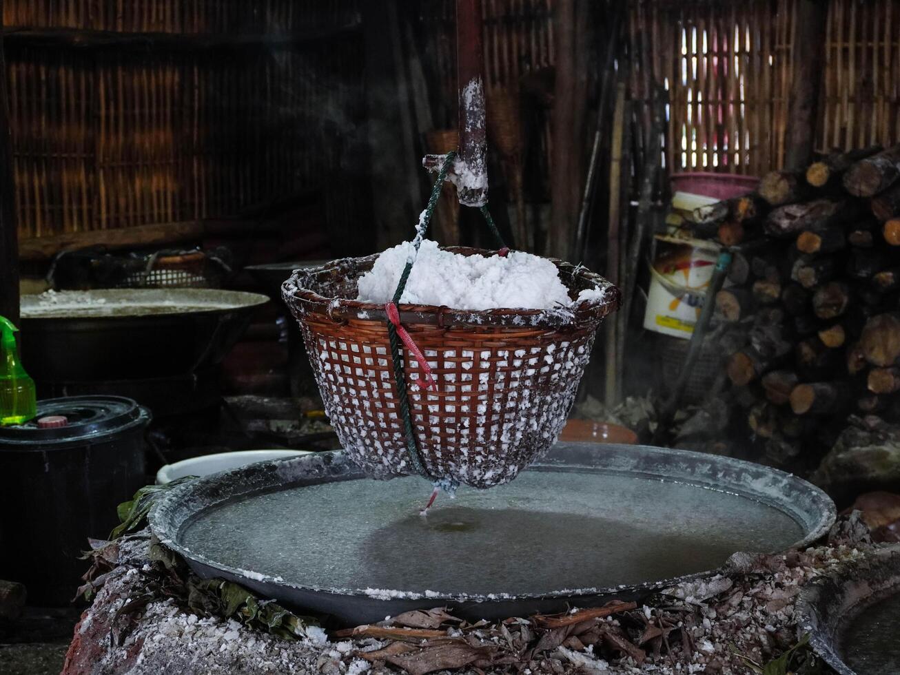 Traditional salt boiling at Bo Kluea District Nan Province, Thailand. Rock Salt process with old traditional ancient. photo