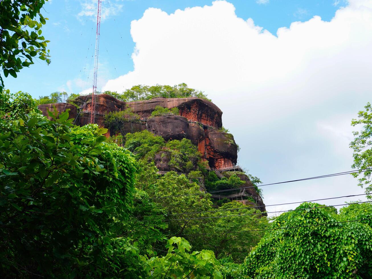 Phu Thok or Wat Chetiyakhiri ,Beautiful mountain landscape and wooden bridges on high rocky cliffs, Bueng Kan Province, Thailand. photo