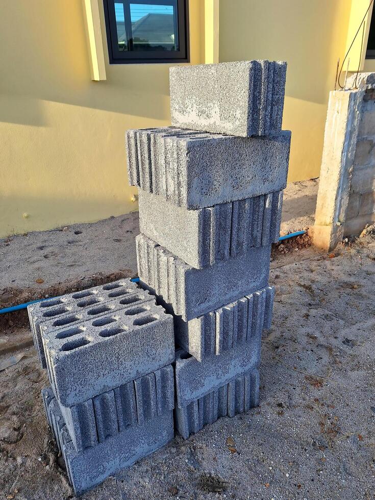 Close-up of concrete blocks arranged in layers. photo