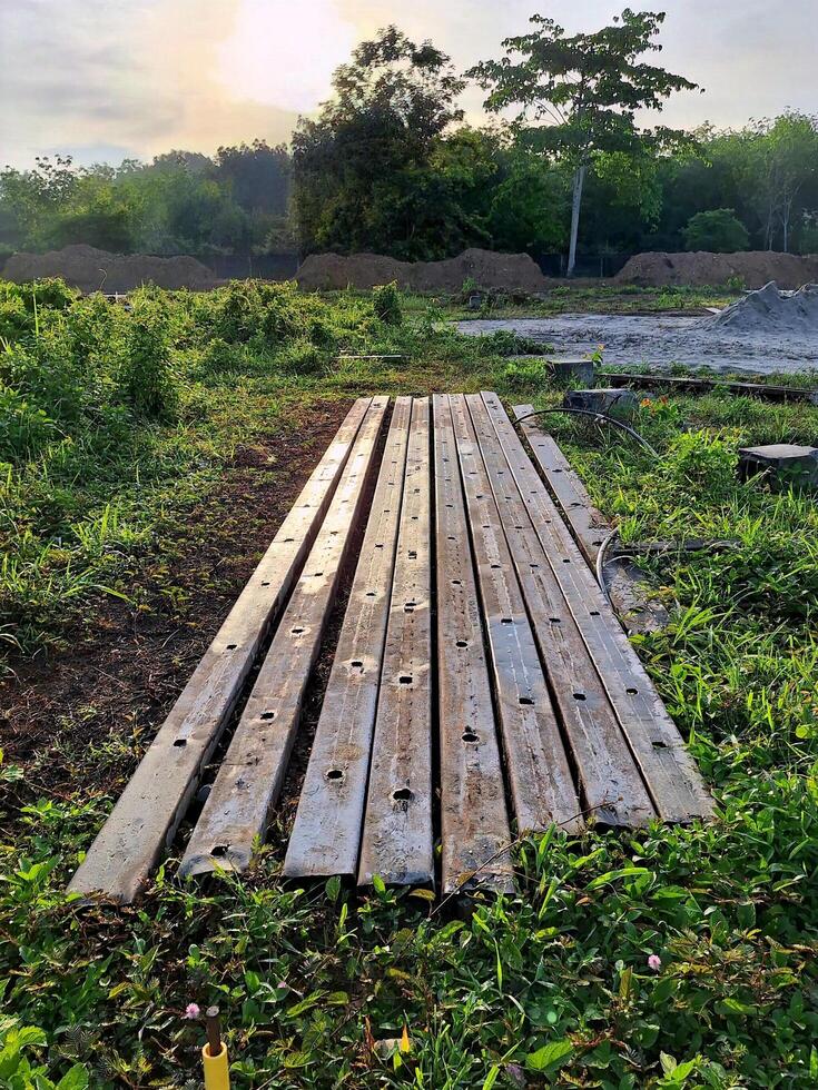 Construction materials and the early morning sunlight. photo