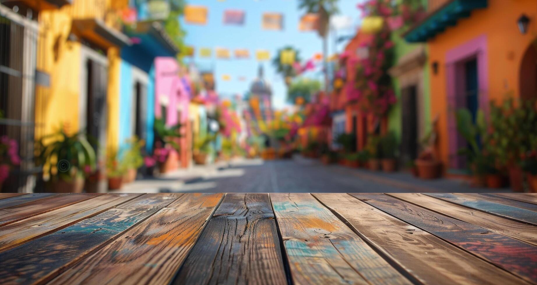 Wooden Tabletop Against a Blurred Background of Colorful Buildings in a Festive Street photo