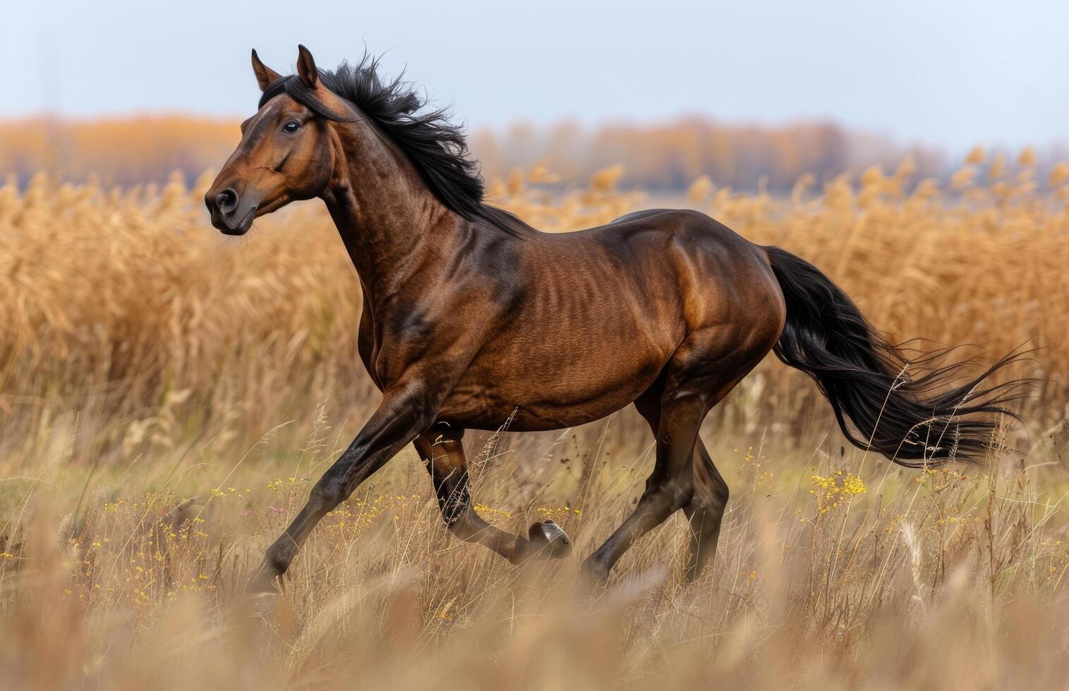 Brown Horse Running Through Autumn Field photo