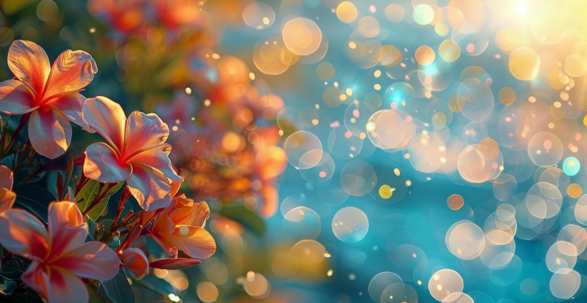 Pink Flowers Blooming Against a Sunlit Blue Background photo