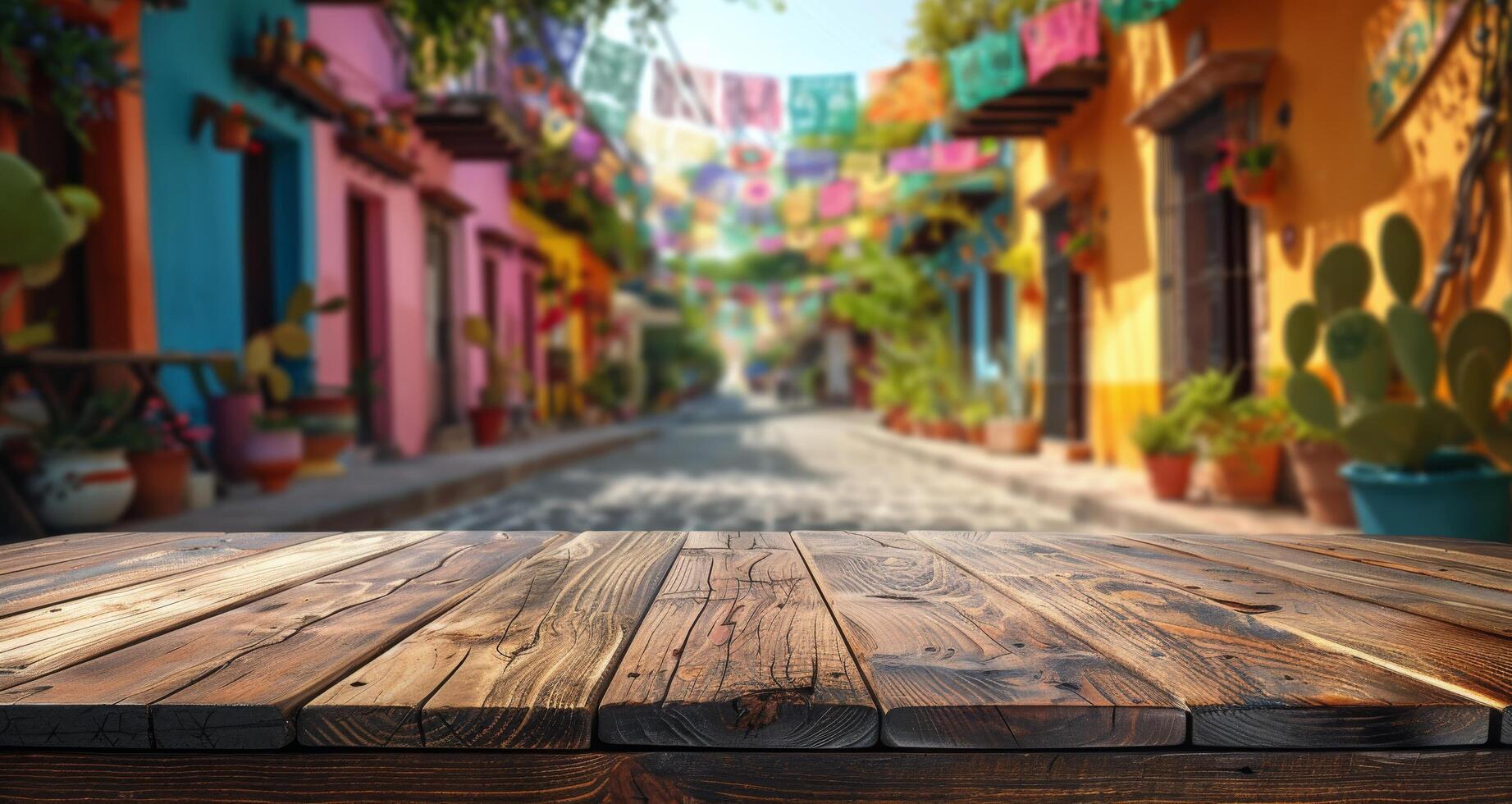 Wooden Tabletop Against a Blurred Background of Colorful Buildings in a Festive Street photo