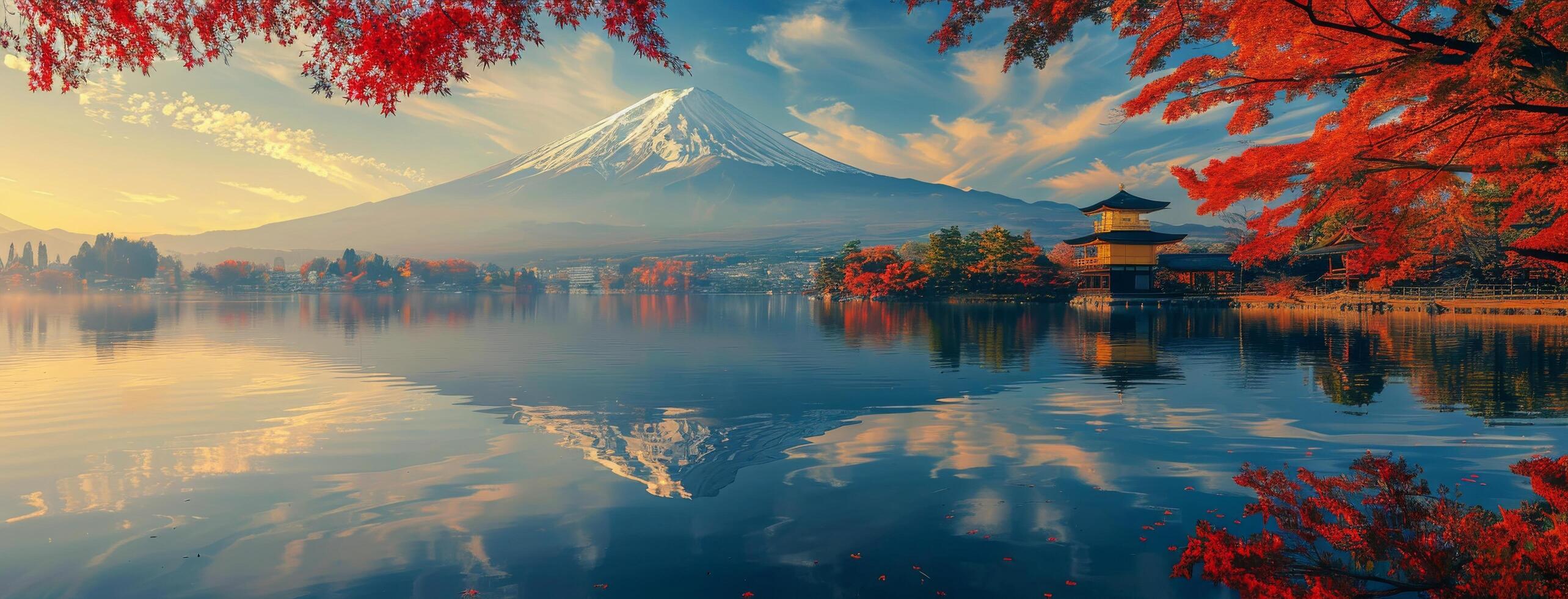 Autumnal Landscape With Mountain and Lake in Japan photo